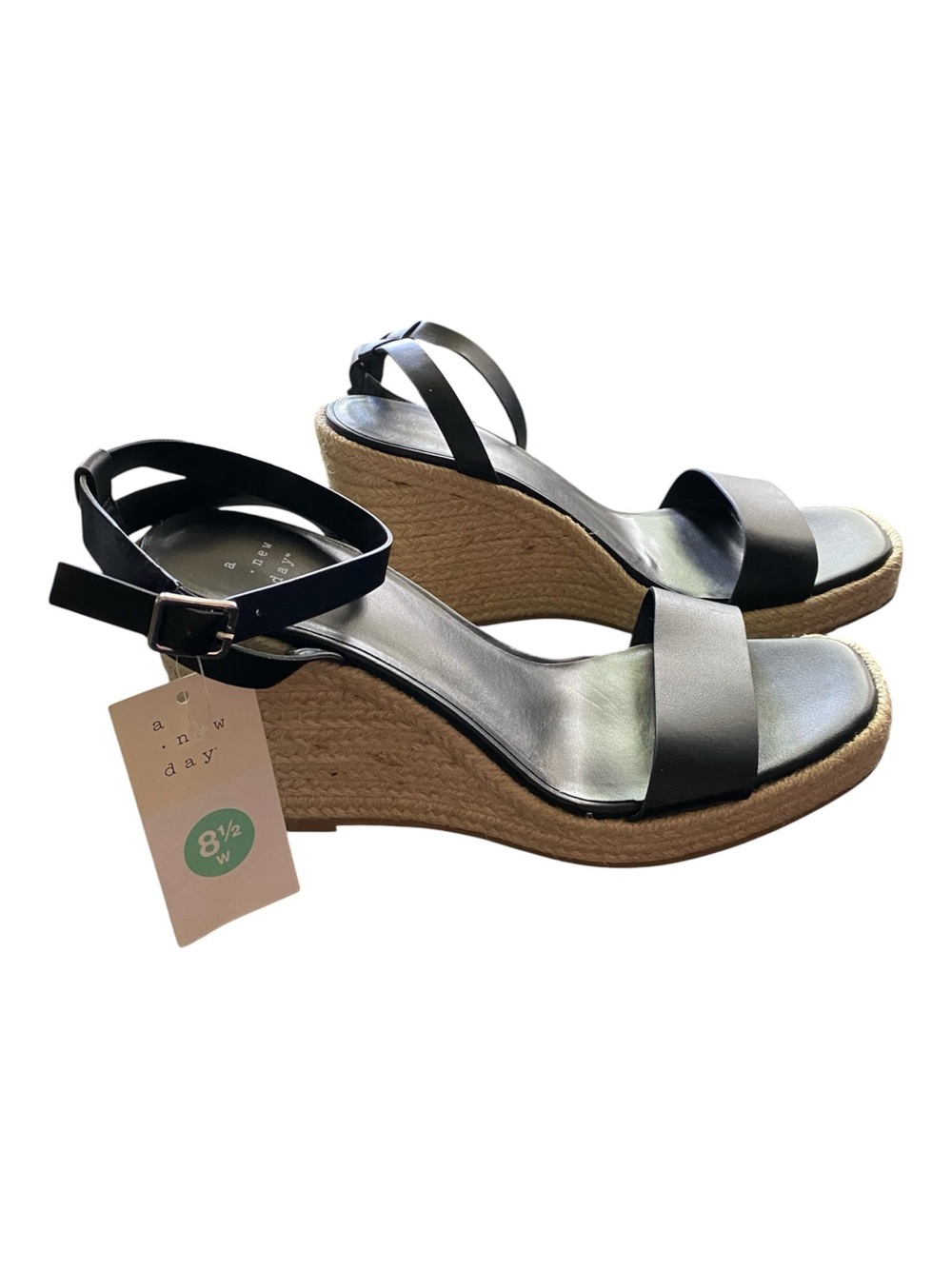 A New Day Black Espadrille Wedge Sandals 8.5W Wide Width Coastal Ankle Strap - Picture 6 of 6